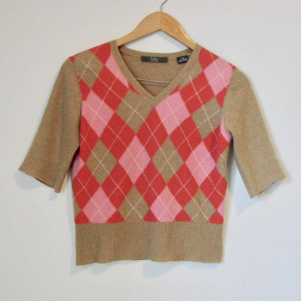 Cashmere Argyle V-neck Short Sleeve Sweater Beige Pink Size PS Petite Small